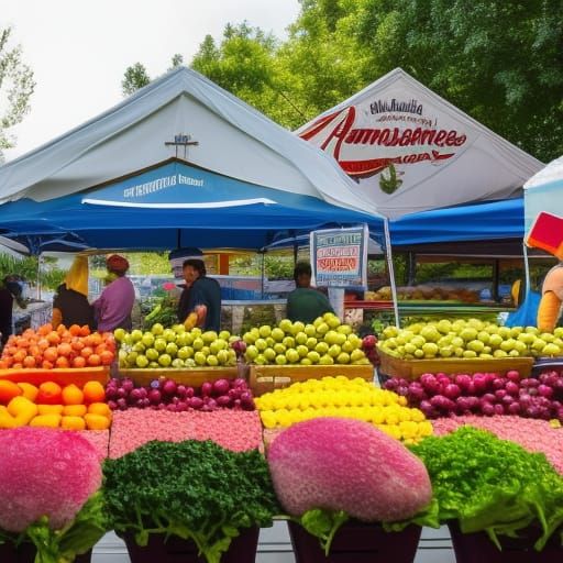Colorful farmers market with fresh produce and snowcones in ...