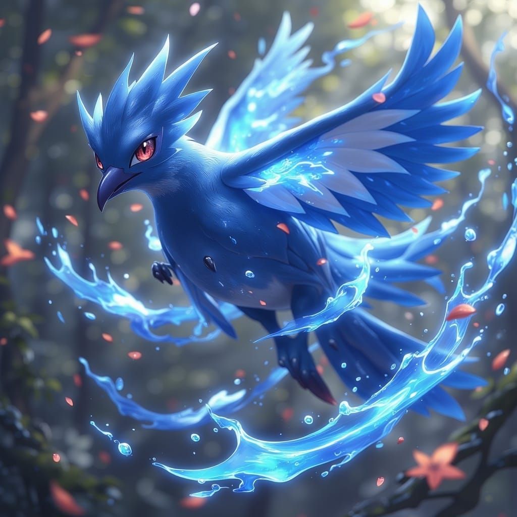 <lora:Fantasy Creatures:1.0> A Water/Flying-type bird Pokémon with sleek blue feathers and a sharp beak, in the style of cartoon realism, d...