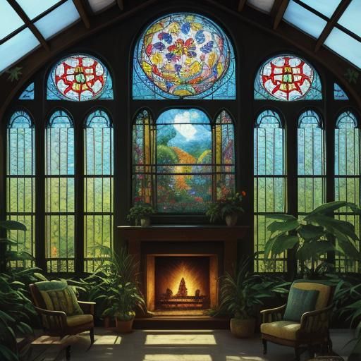 stained glass tropical home greenhouse fireplace
