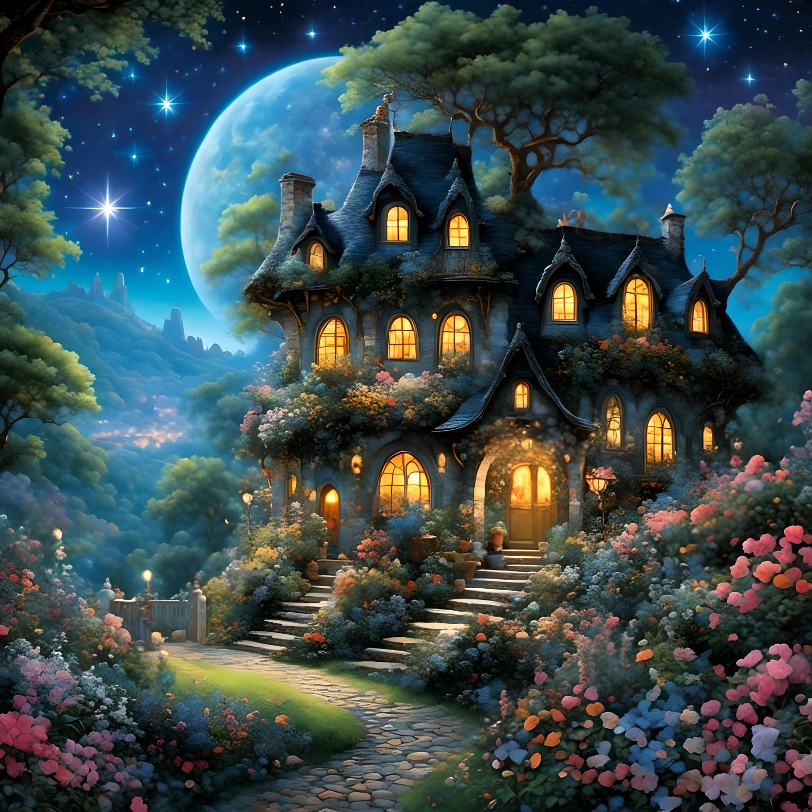 <lora:Midnight Garden:1.0> beautiful fantasy fairy house  by @Taralie
