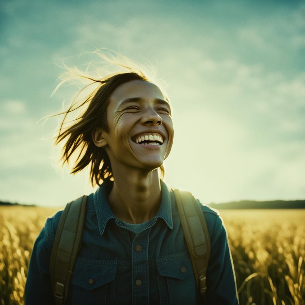 Joyful Moment in a Bright Sunny Field Captured with Warm, Go...