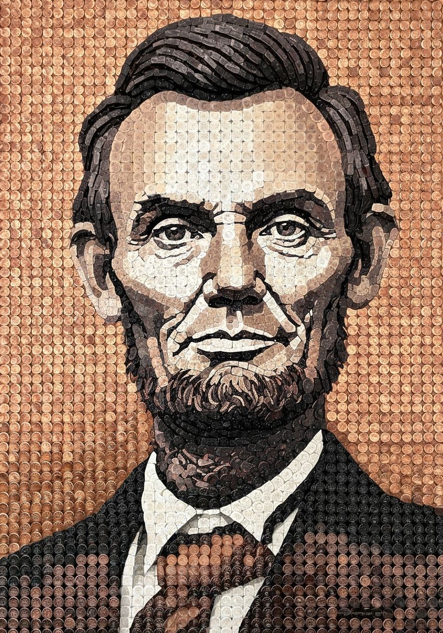 A Mosaic Portrait of Abraham Lincoln made out pennies  by @Troxley
