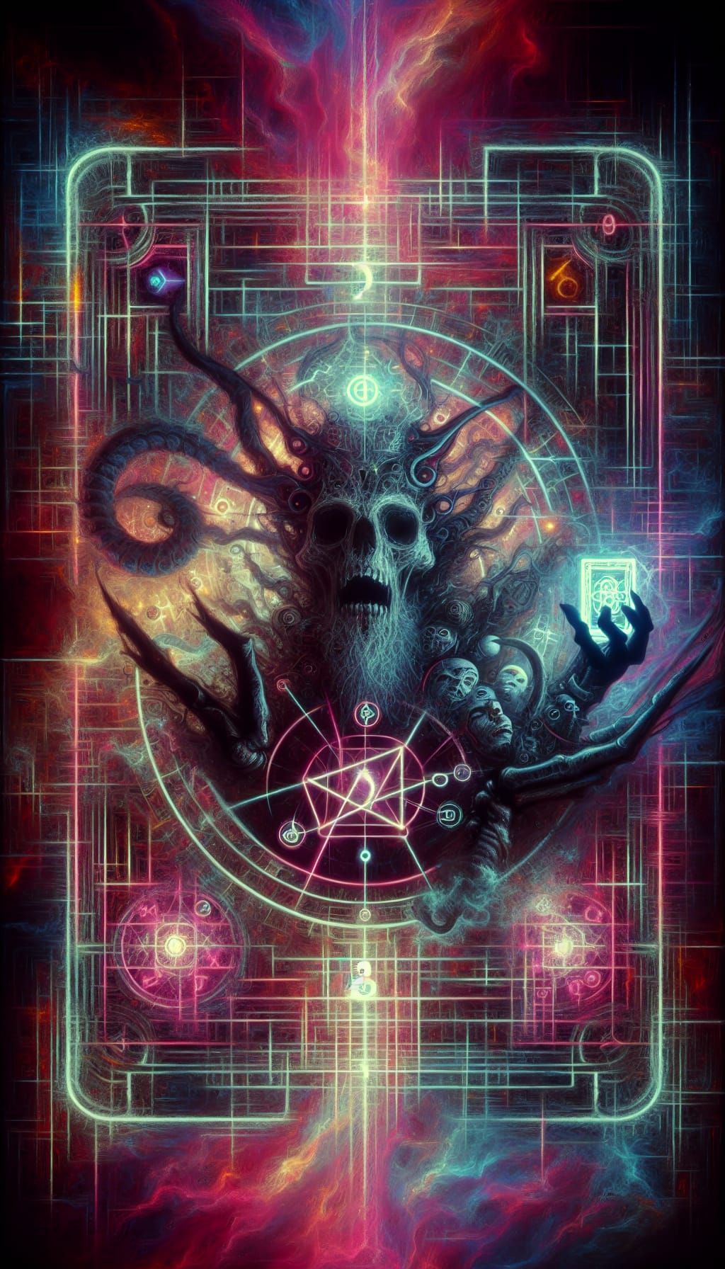 Tarot like card: five of bloody decagram, neon, retro, cyber...