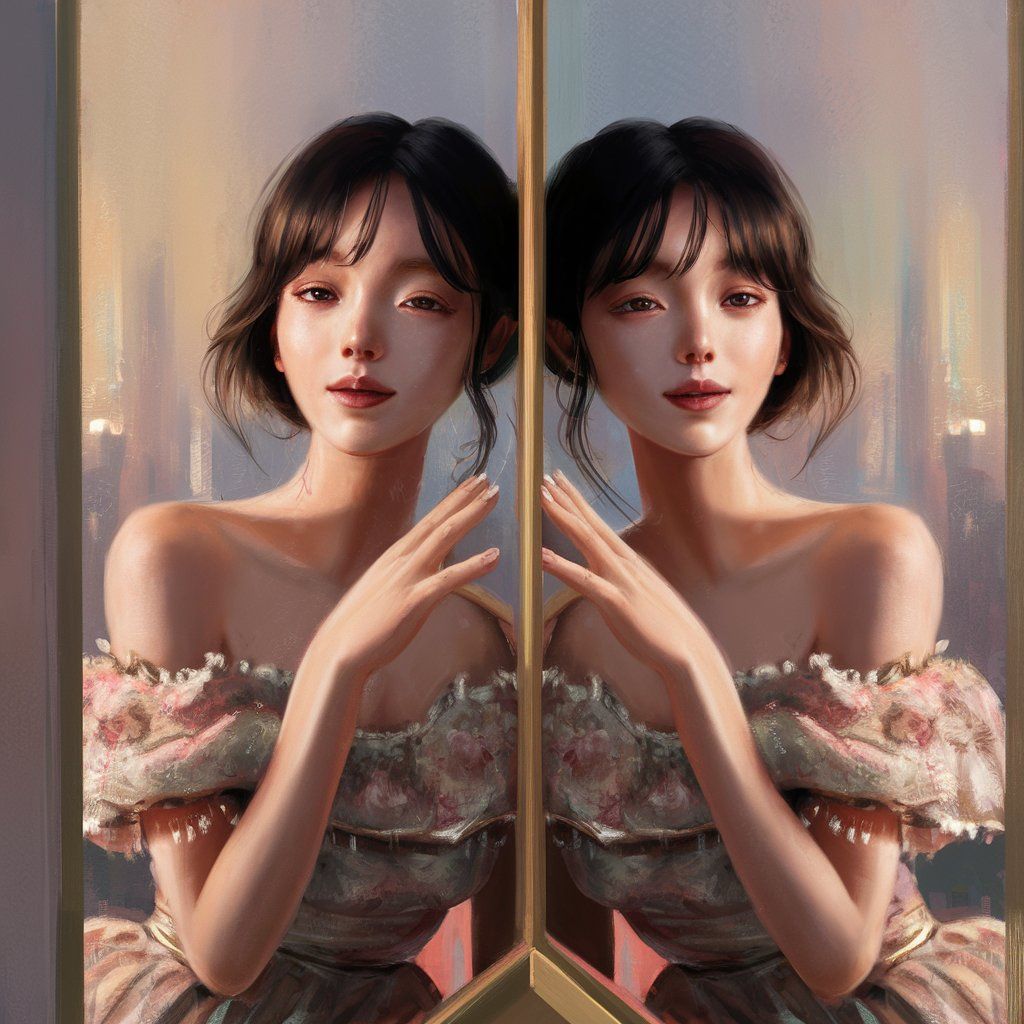 Beautiful korean girl standing in front of mirror posing for...