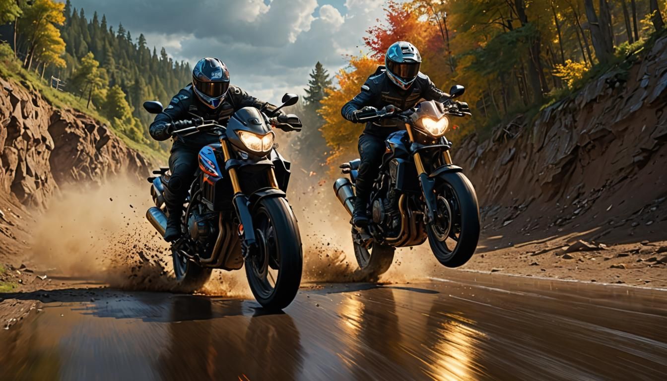 "racing back roads motorcycle racing Hyperrealistic, splash ...