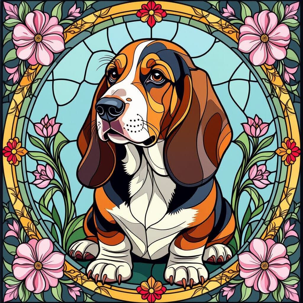 Basset Hounds stained glass window design of a overwhelmingly beautiful  daschund framed with vector ...  by @Hani1