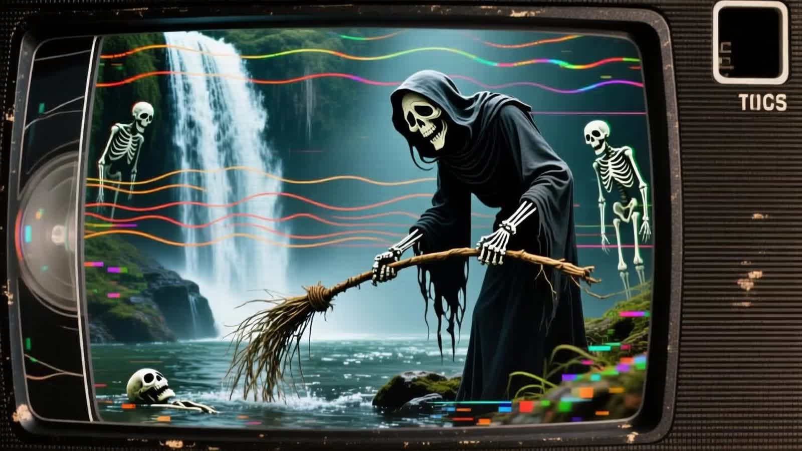 A vintage, degraded VHS-style image with prominent tracking lines, color bleeding, and static interference. The scene is...