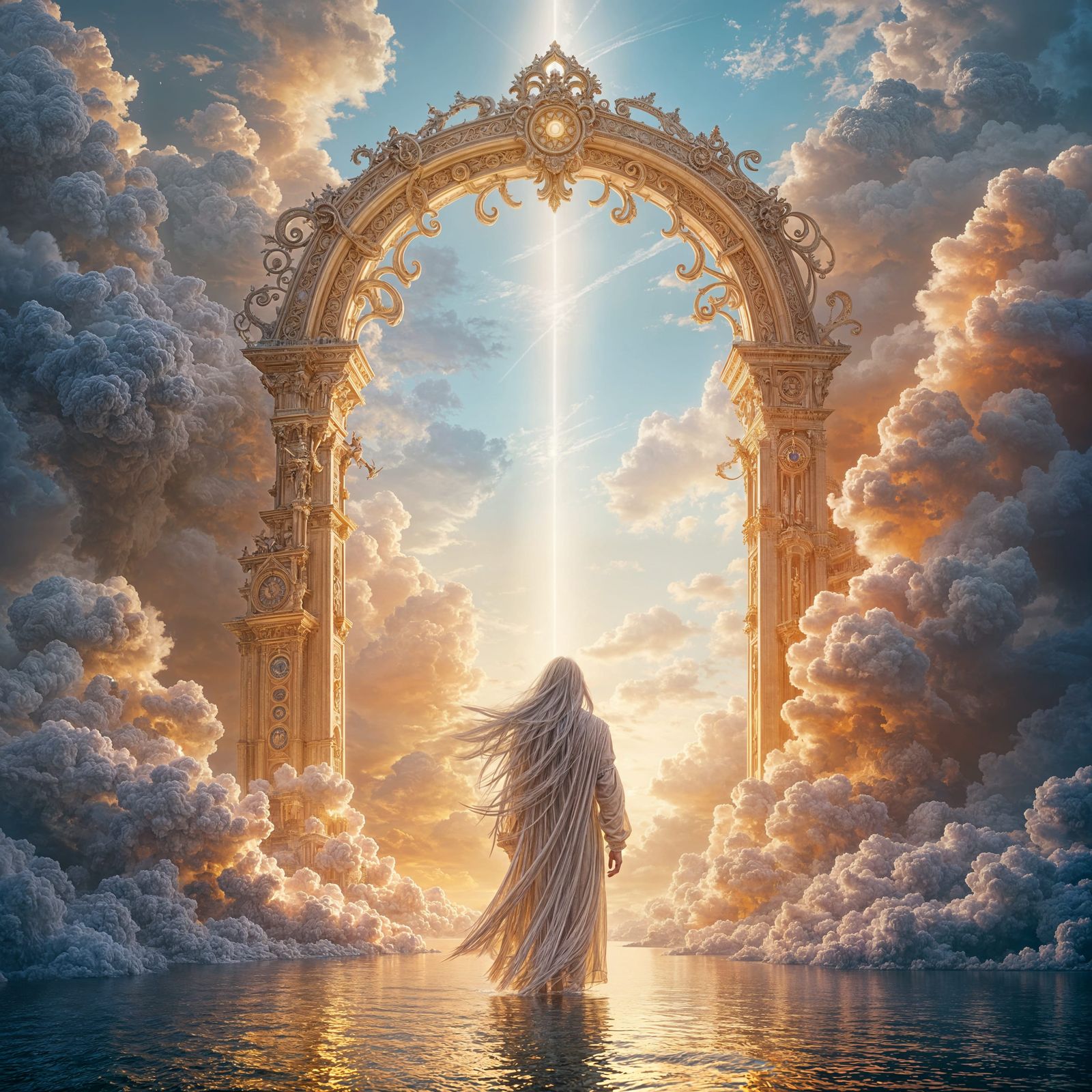 Long haired old man approaching heavens gates of pearl, blowing clouds,  iridescent colors highlight ...  by @JustD