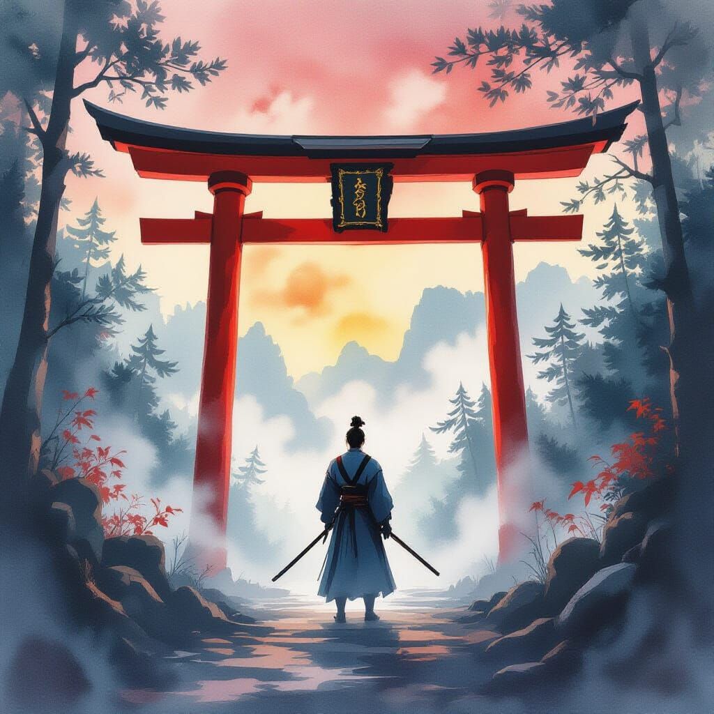  Samari standing near a Torii Gate 