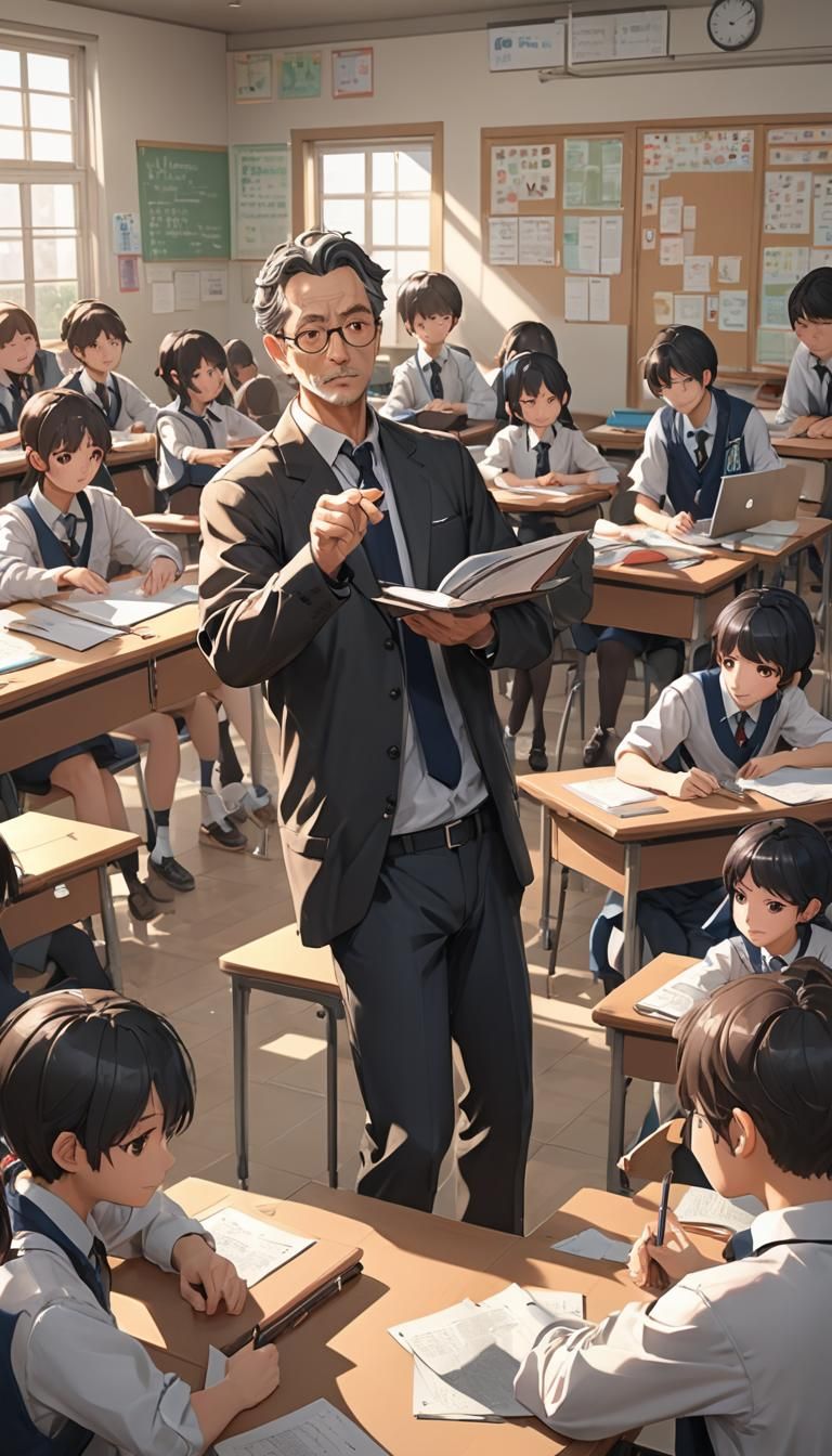 a middle-aged male teacher is giving a lesson in the element...