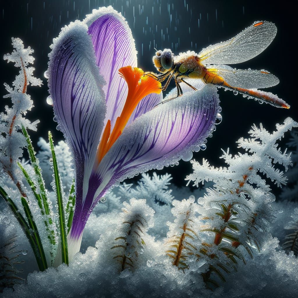 A snow-dusted crocus emerges from snow with a resting dragon...