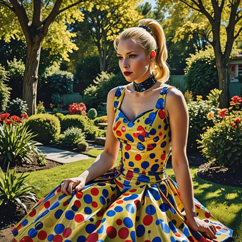 blonde 30 year old wife ponytail pvc latex dress wide skirt sitting ponytail garden