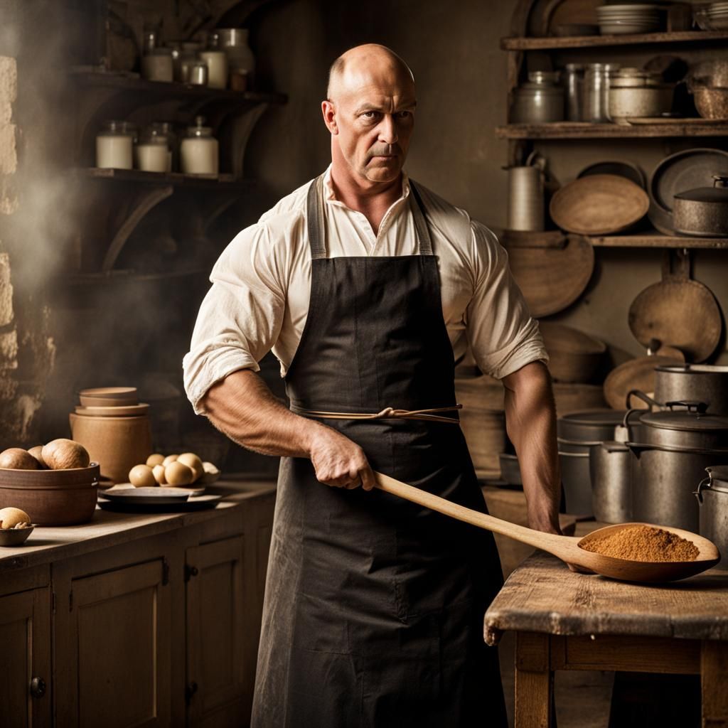 very muscular bald man in apron holding wooden spoon in 19th...