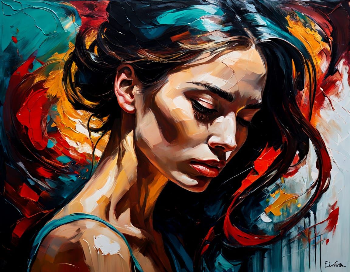 Vibrant Expressionist Art. Close-up portrait. A woman's face of emotions, set against a blurred, swirling ...  by @tremmerz
