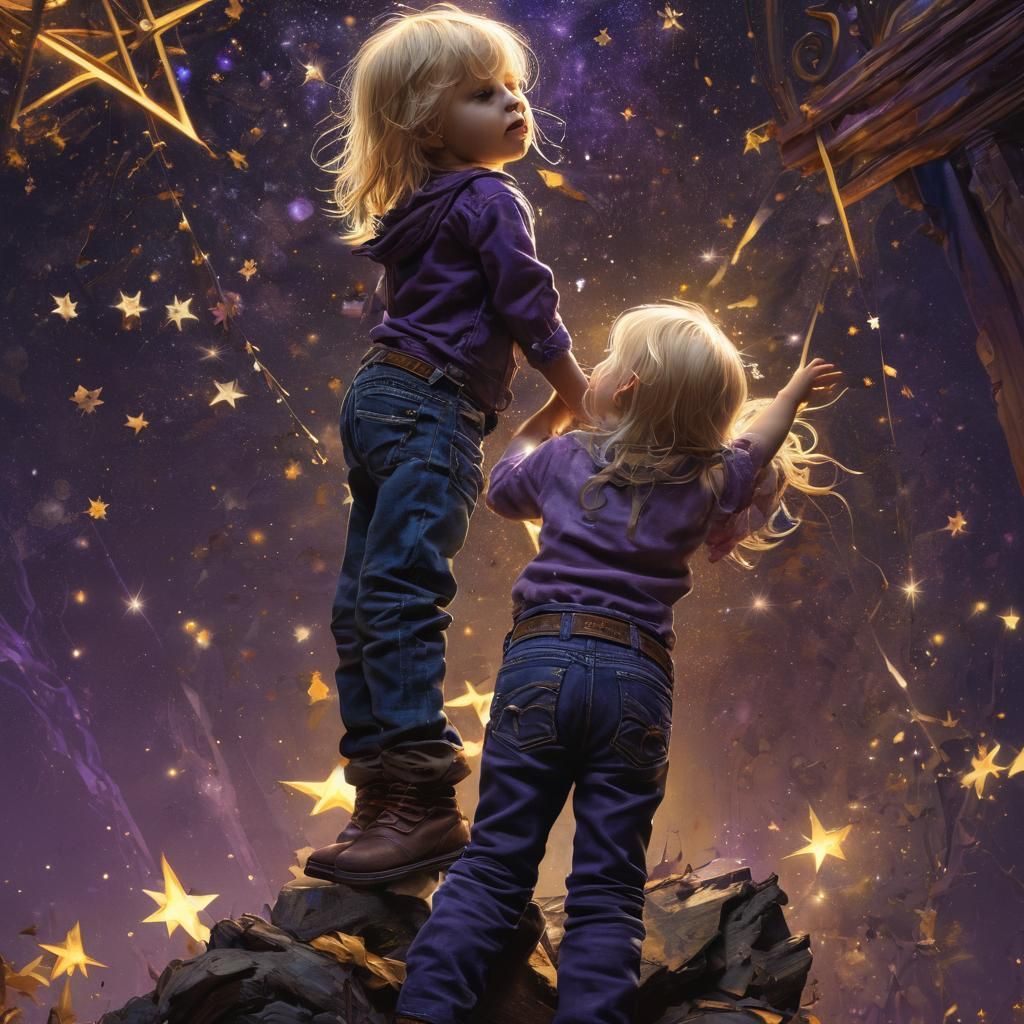 Mystical Children Capture Stars: Dark Fantasy Art