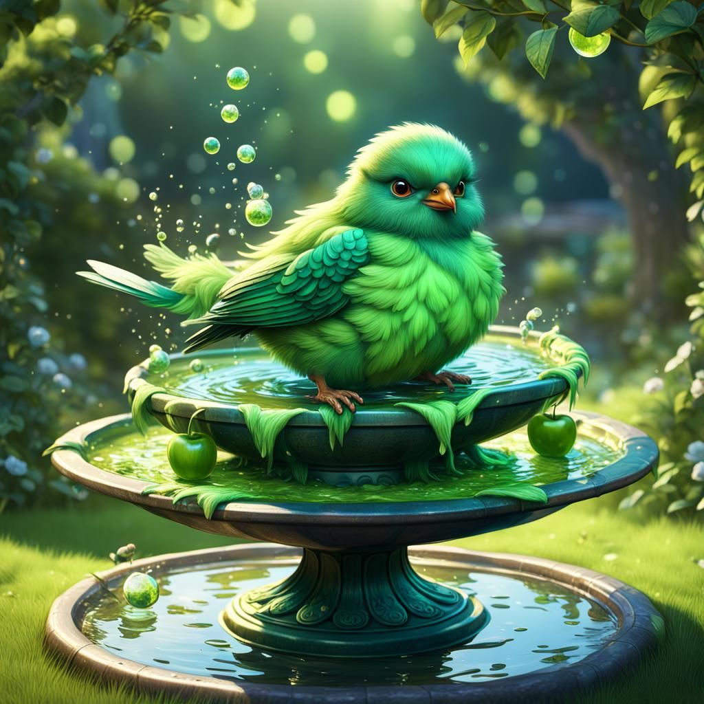 Apple green happy shimmering green fluffy rotund baby birth on bird bath  by @Melissa Fischer