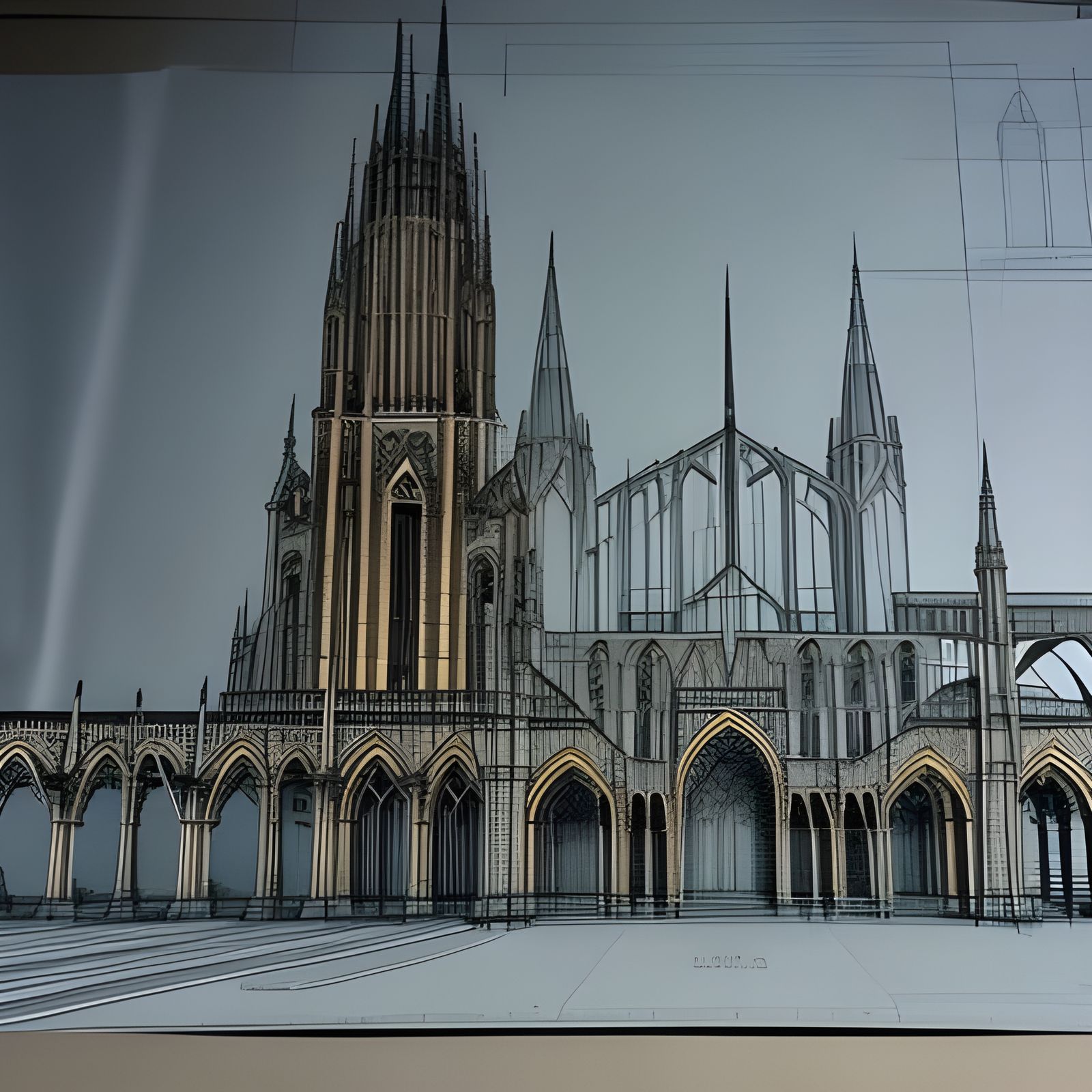 Ink and pencil Drawing On vellum Blueprint of a futuristic gothic