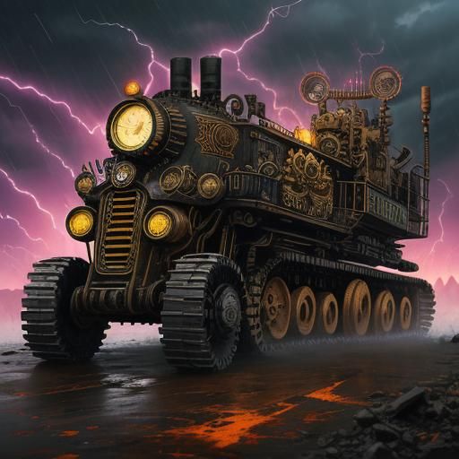 Day of the Dead Skeleton on steampunk bulldozer in psychedel...