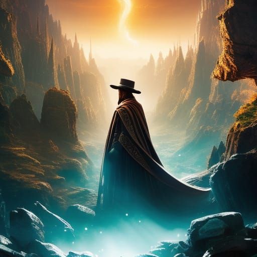 Mysterious Figures Silhouette of a wizard in a glittering robe with broad-brimmed pointed hat on a background ...  by @Lennis