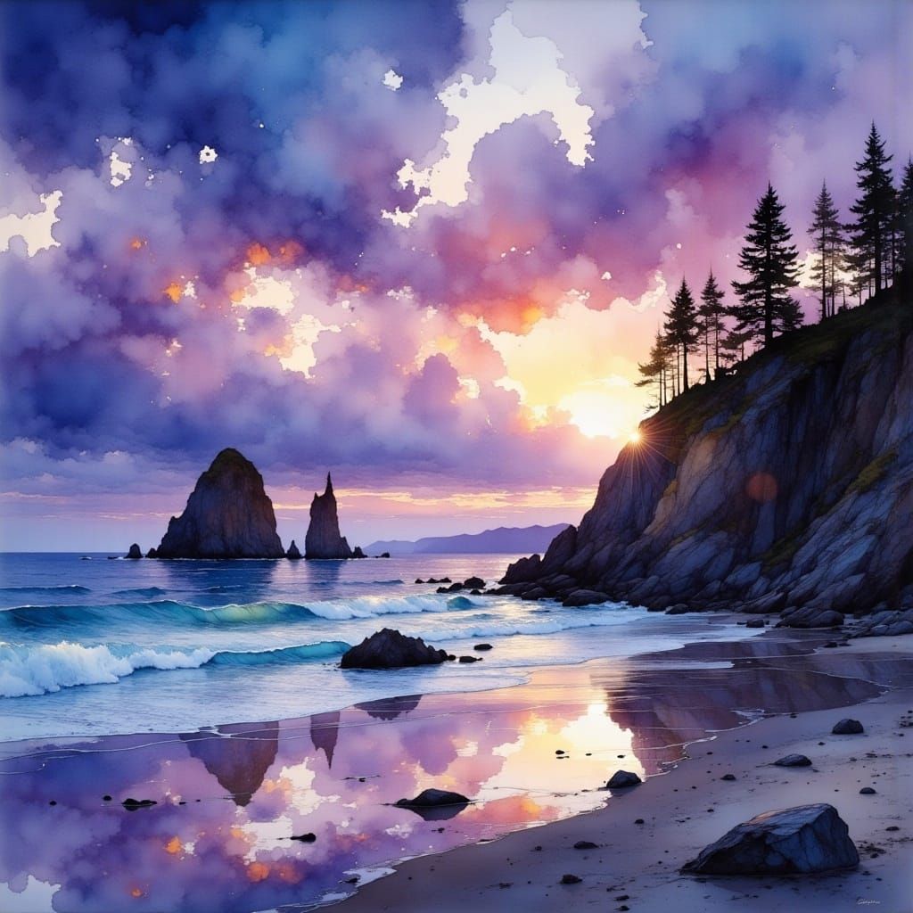 Coastal beach cliffs after the rain, violet blue gold sunset, trees by Jean Baptiste Monge, Andreas Lie <lora:Flux - Painterly:1.0> 