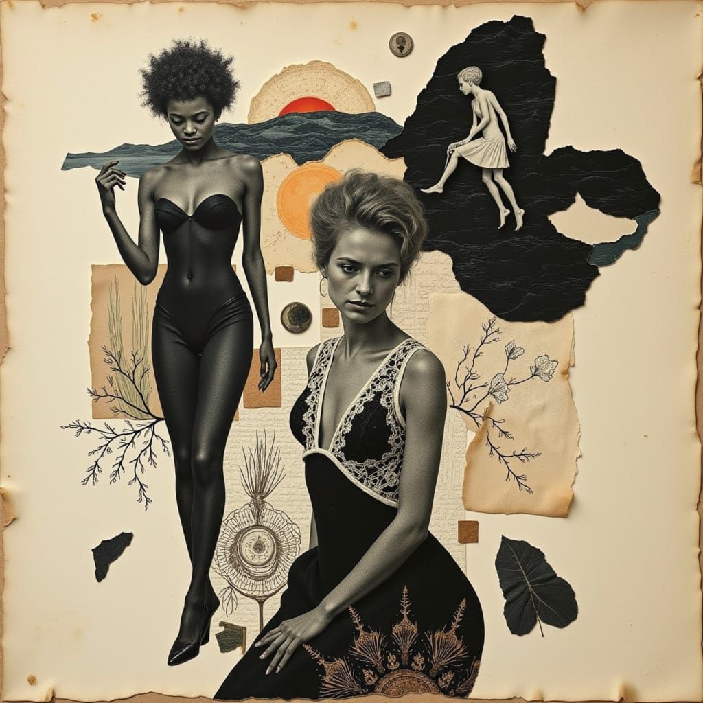 Melancholic Photographic and Drawn Collage: Agar's incorporation of distorted or fragmented photographic elements (vintage portraits, landsc...