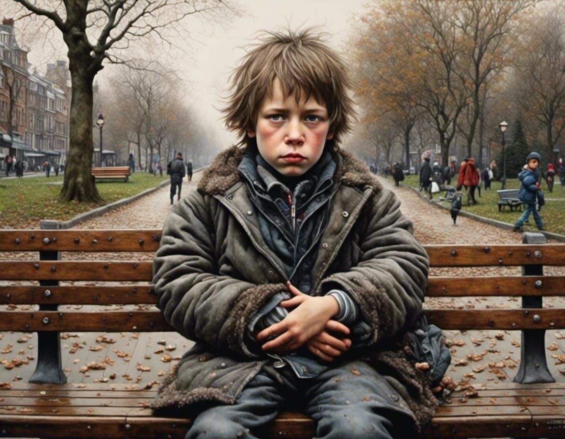 <lora:Hyperrealistic face:1.0> A hyperrealistic boy  in a park on a bench. Detailed face