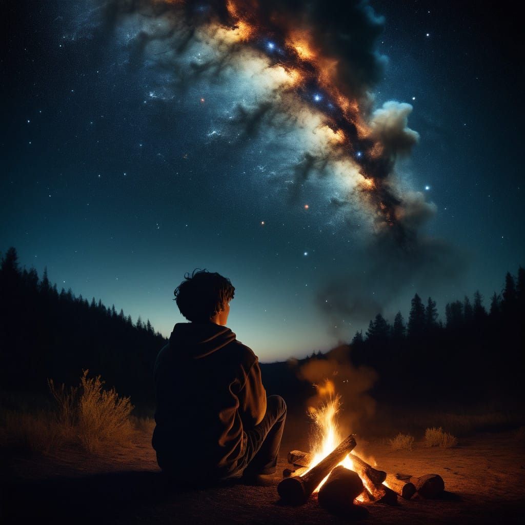 A boy sits by a campfire watching the smoke turn into the cosmos   by @undefined