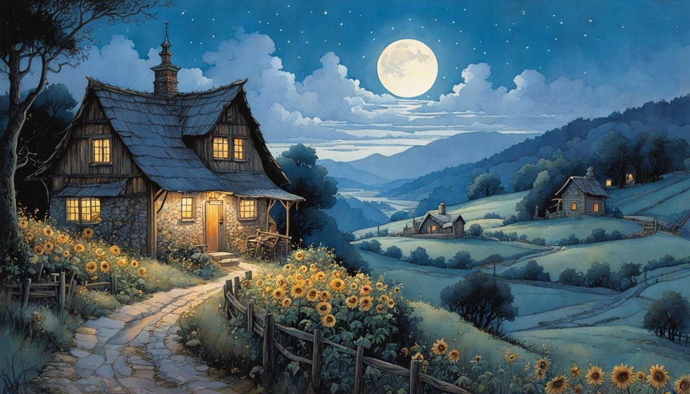 Night in Wallachian Village: Storybook Illustration