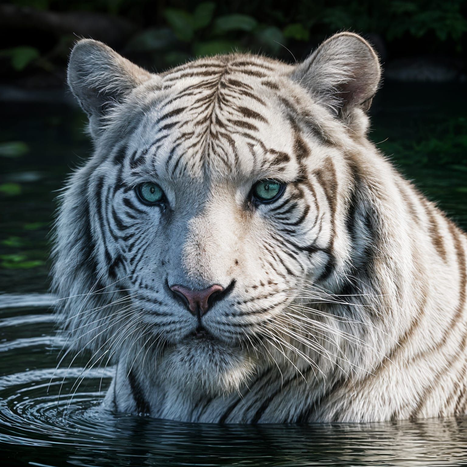 Hyperealistic portrait of a white tiger drinking water from a pond, close up  by @Colour