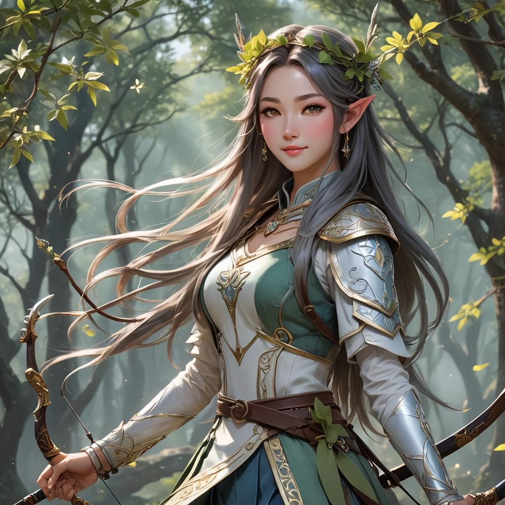 Gorgeous elven wizardess archer kind smiling face long hair ...
