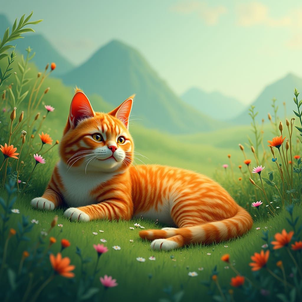 Orange Tabby Cat in Emerald Meadow: Fantasy Concept Art