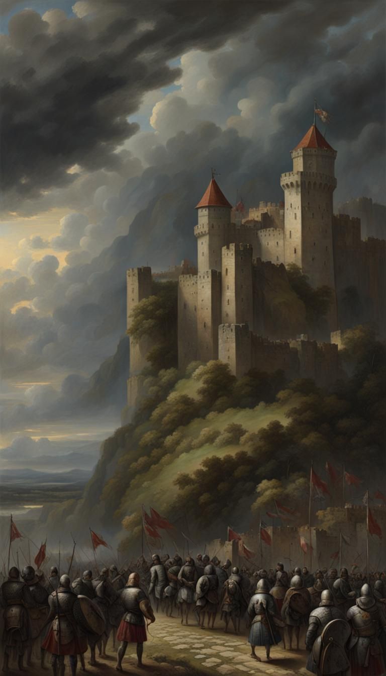 A medieval Fortress with a darkened sky clouds and an army i...