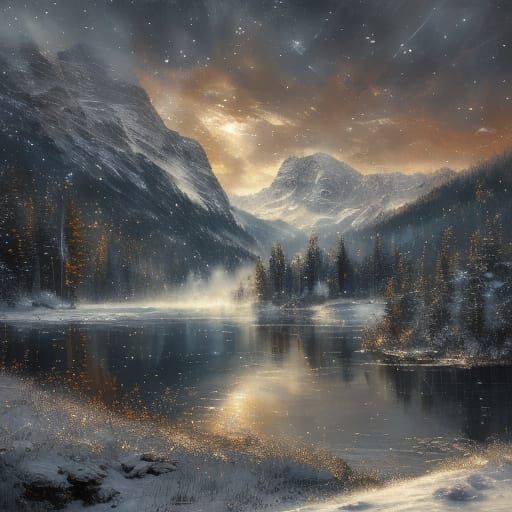 Aurora Borealis Over Snow Mountains Digital Matte Painting