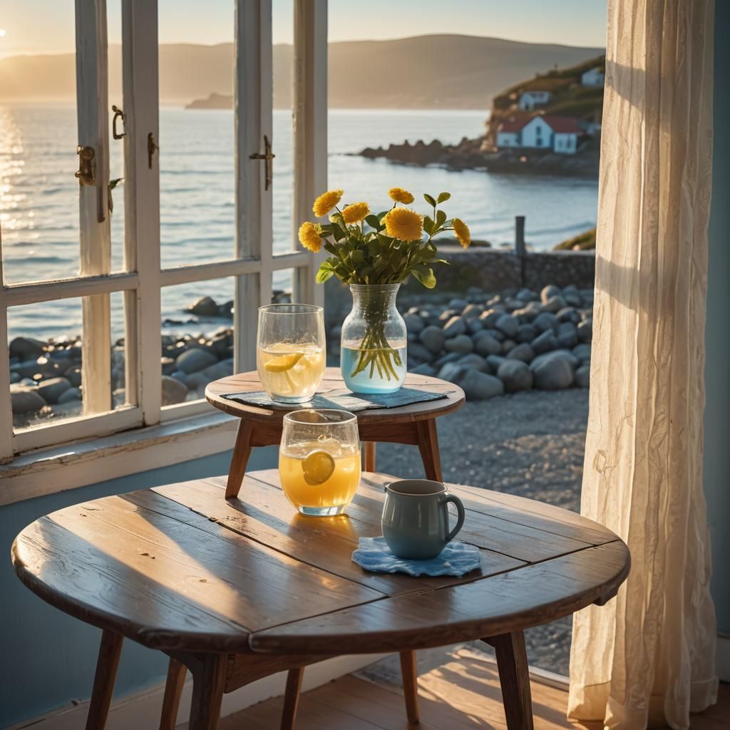 Seaside Sunrise Lemonade in Magical Realism Style