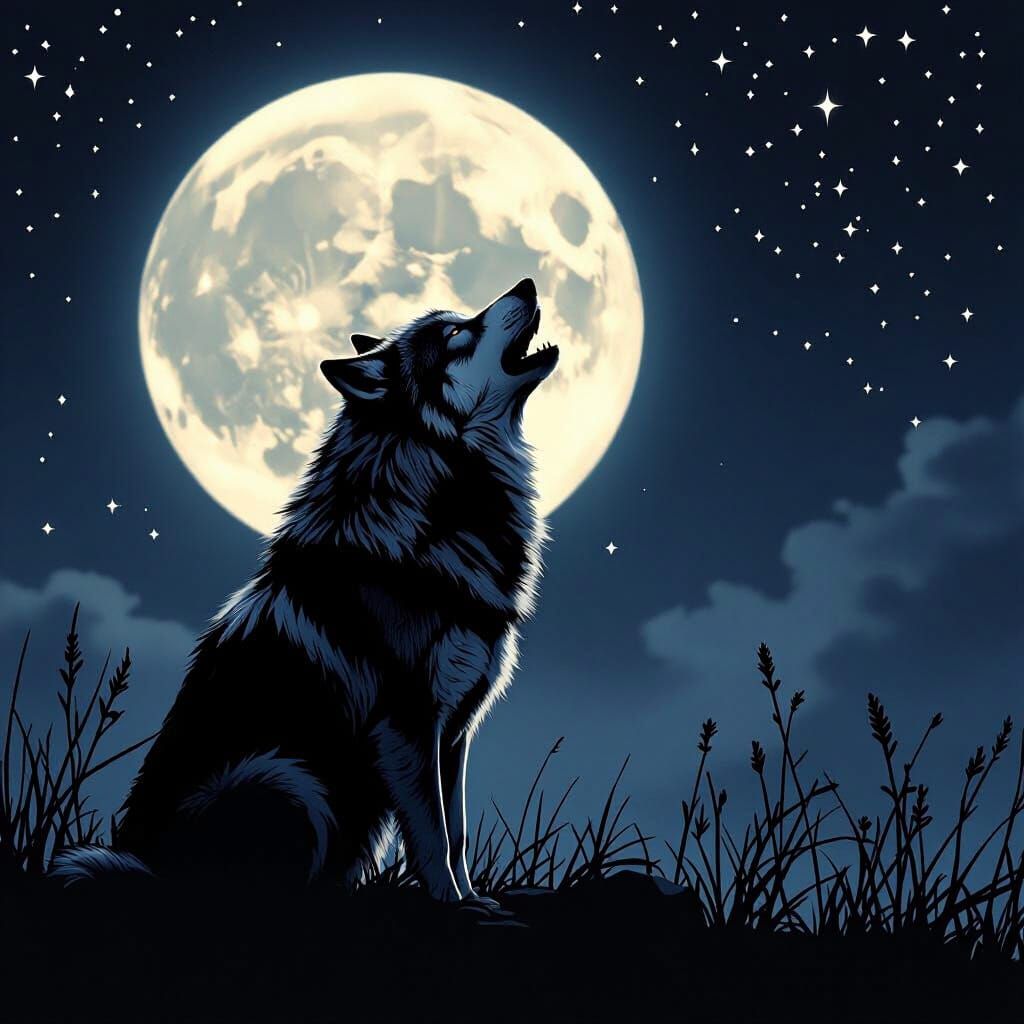Wolf Howling at Full Moon in Hyperrealistic Style