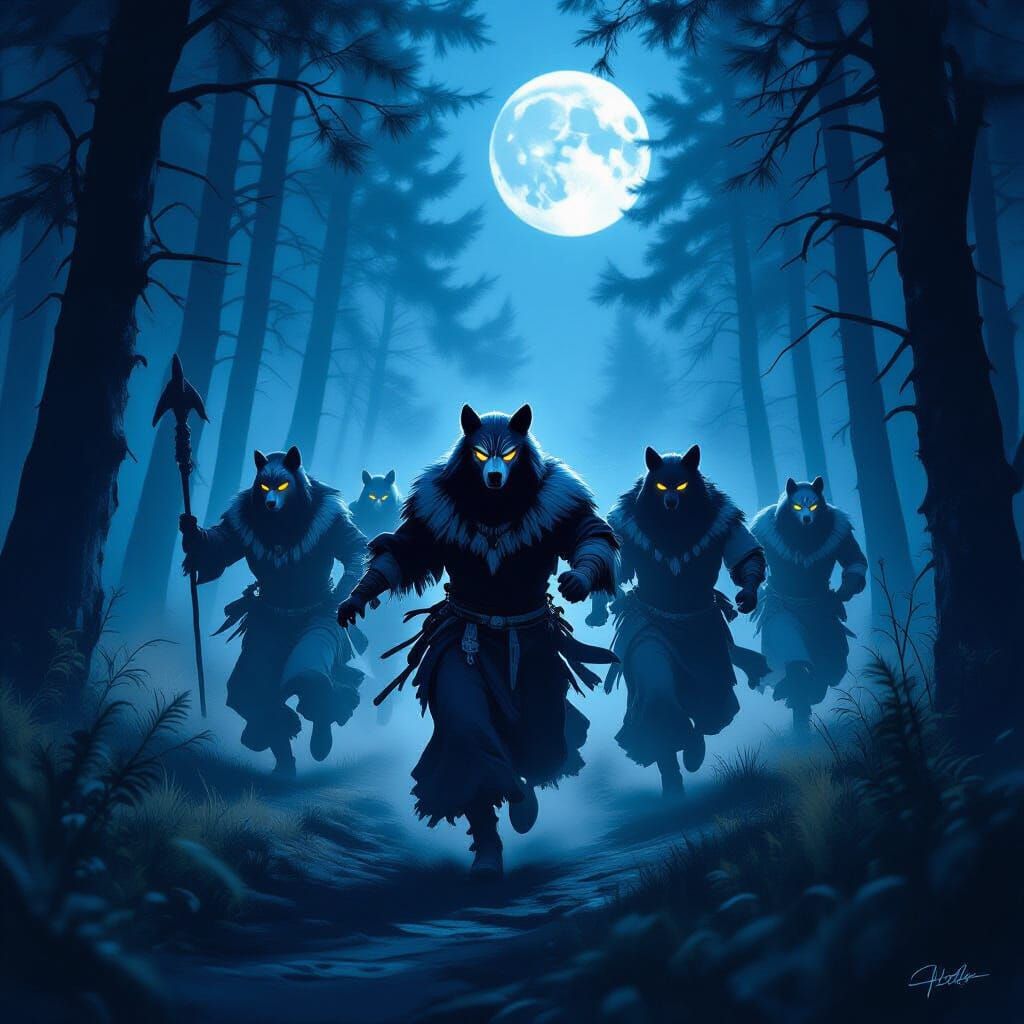 Shamans celebrating the wild Hunt running through trees with masks on their heads of bears wolves pumas mountain lions