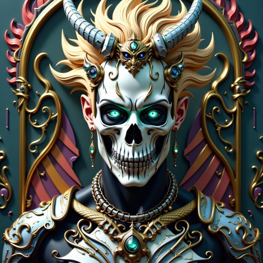 Concept art. Mid shot. Androgynous handsome man with blond feathered back hair, piercing blue-green eyes, and a magnificent treasury loot sk...