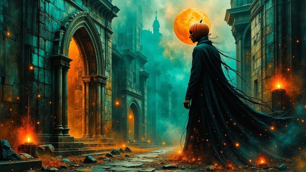 <lora:MJ6 Dark Oil Paint:1.0> <lora:DreamweaverFlux:1.0> <lora:Abstract Reality:1.0> <lora:Akimora:1.0> Crumbling cathedral ruins + hollow-e...