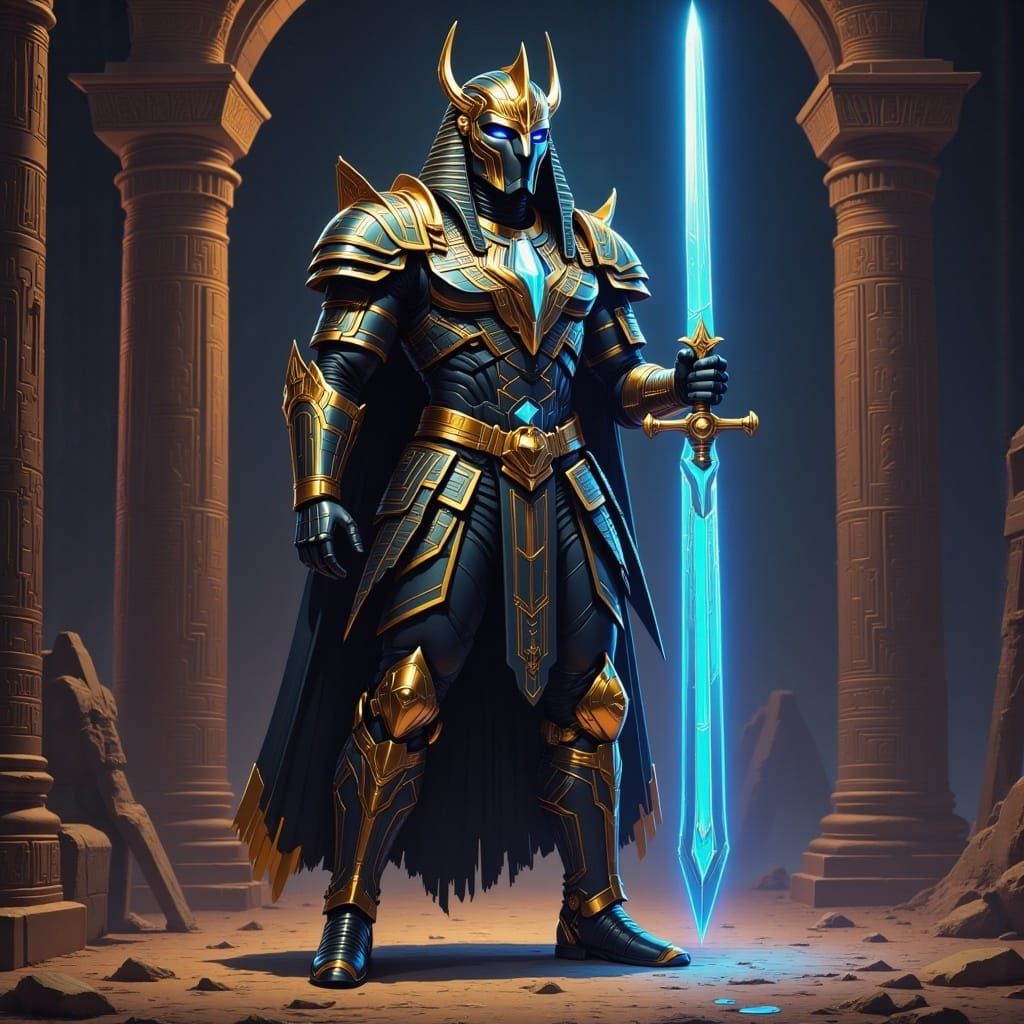 <lora:Egypt Synth Flux:1.0> A Paladin with a glowing sword