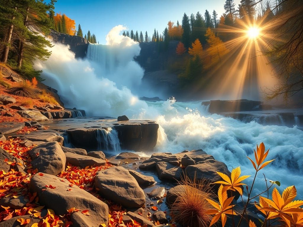 The powerful torrent of a large waterfall crashes into a rocky gorge, surrounded by a dense forest in peak autumn splendor. The water churns...