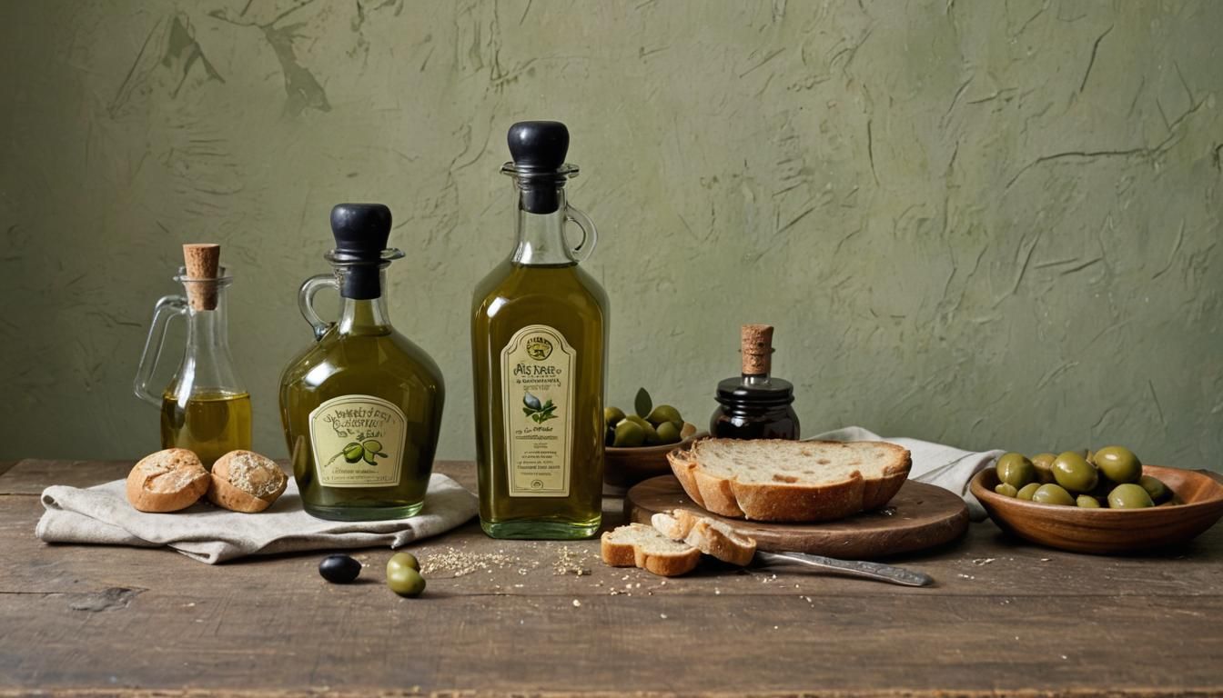 Lovely carafes and vials of unlabeled deep green premium oli...