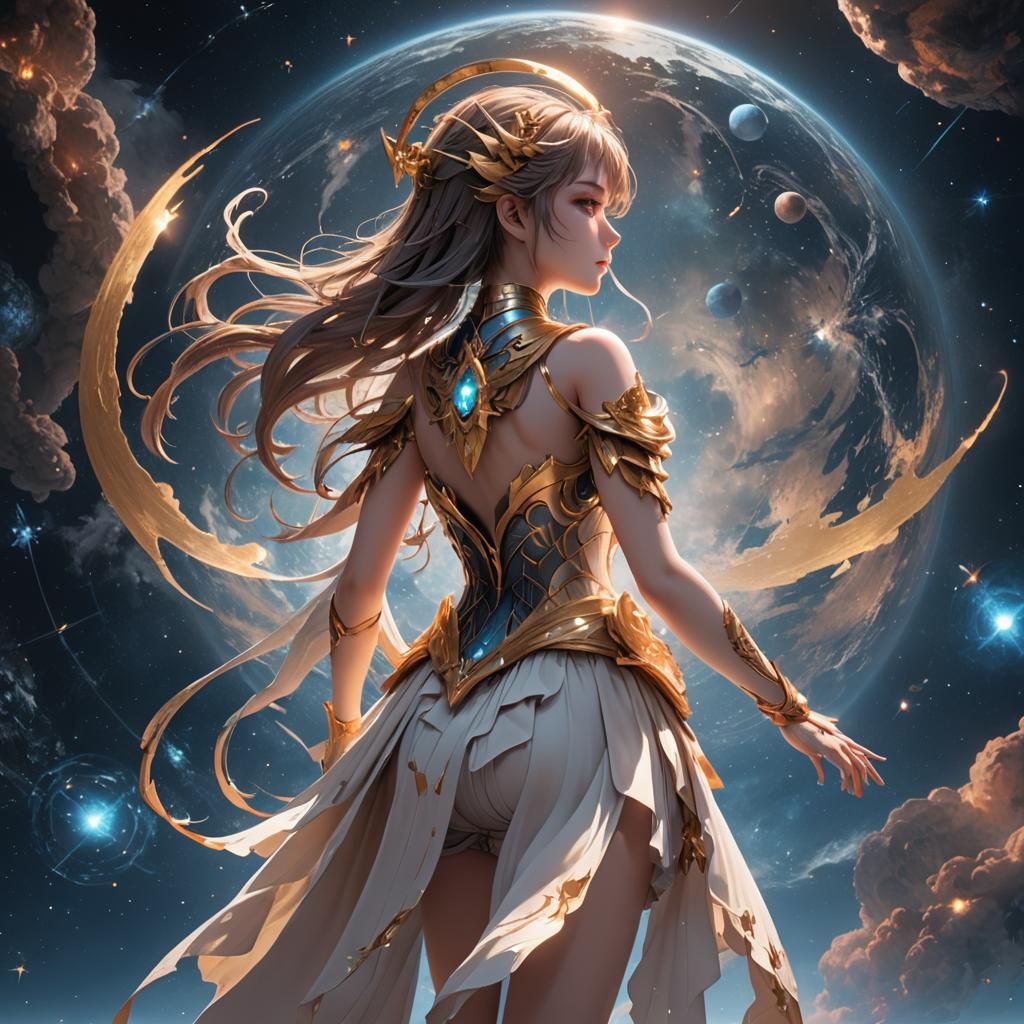 Artistic sioutette goddess from the back, floating in space ...