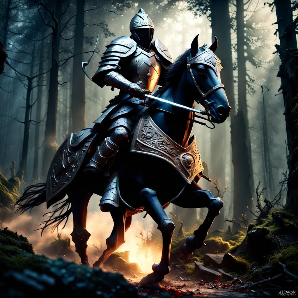 powerful knight in full armor riding horseback with sheild and yielding ...