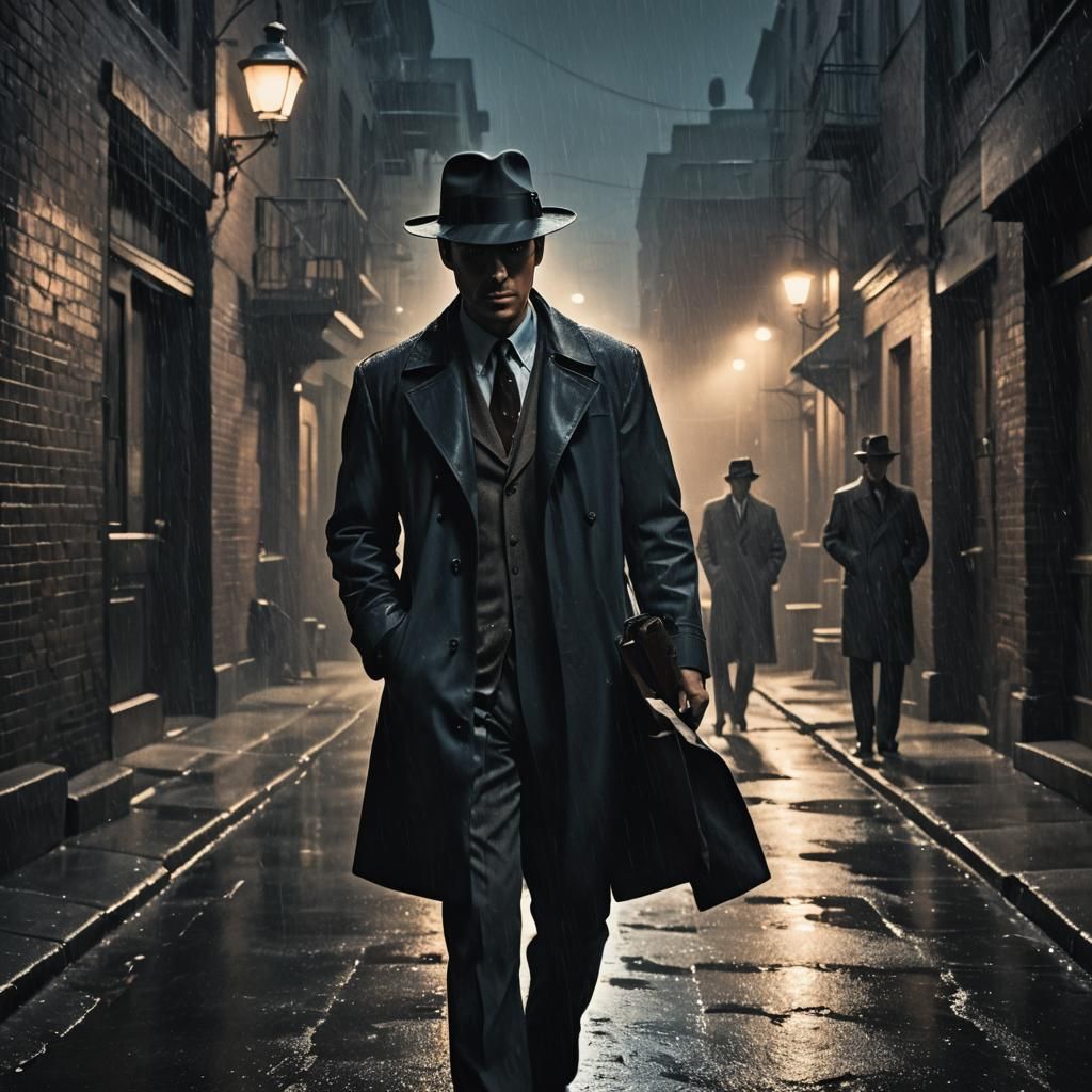 Film Noir Detective in Rainy Alley