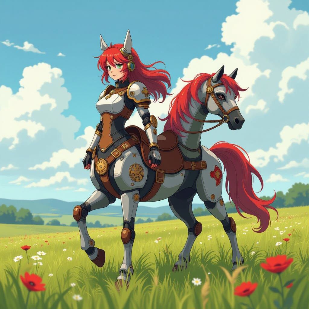 Female robotic Steampunk centaur in an open meadow