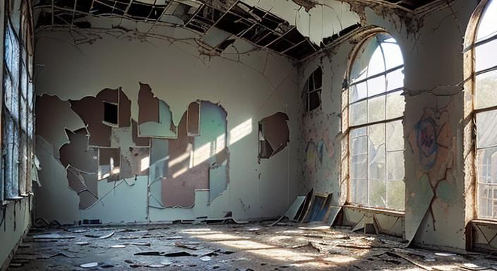 inside an old abandoned museum, paint peeling off walls, old...