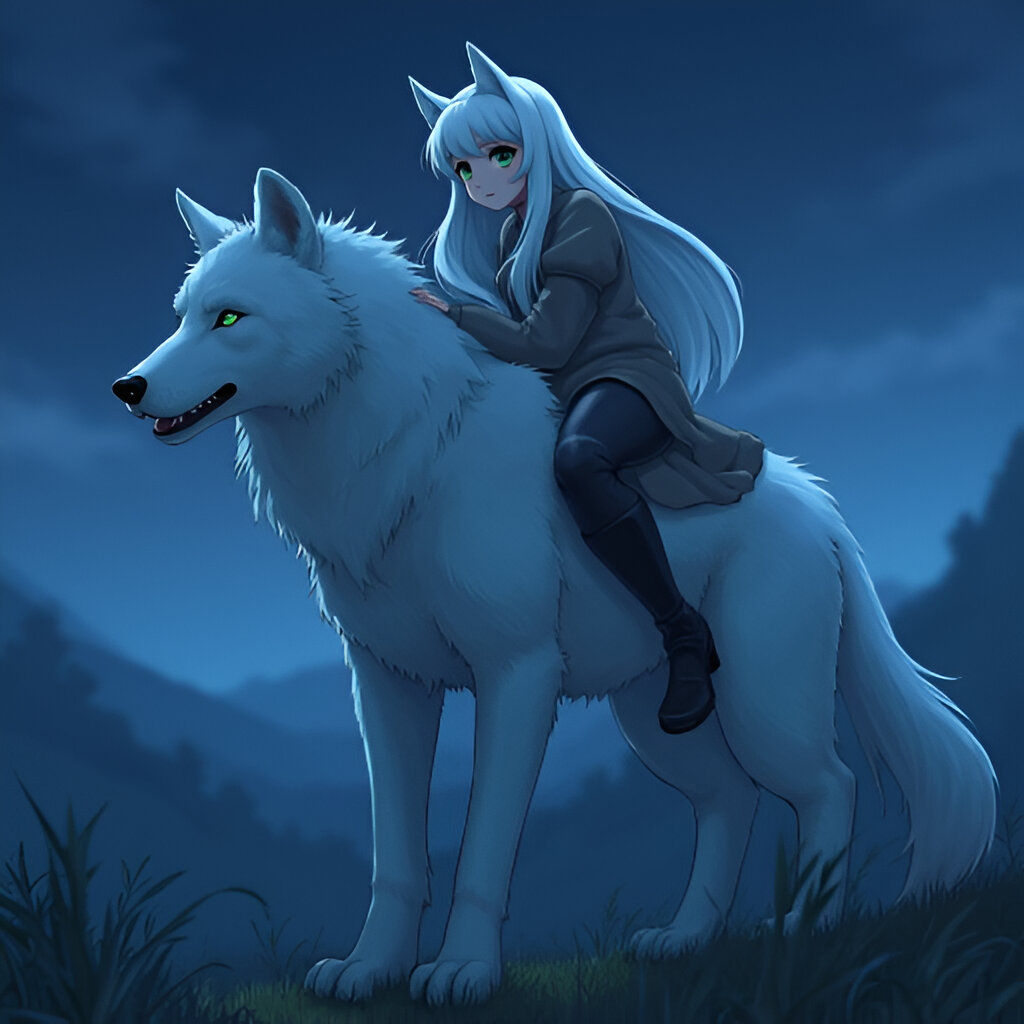 Wolfie sitting on the back of big wolf guardian