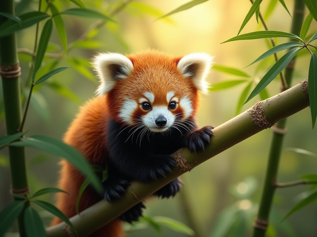 A baby red panda perched on a branch, surrounded by lush gre...