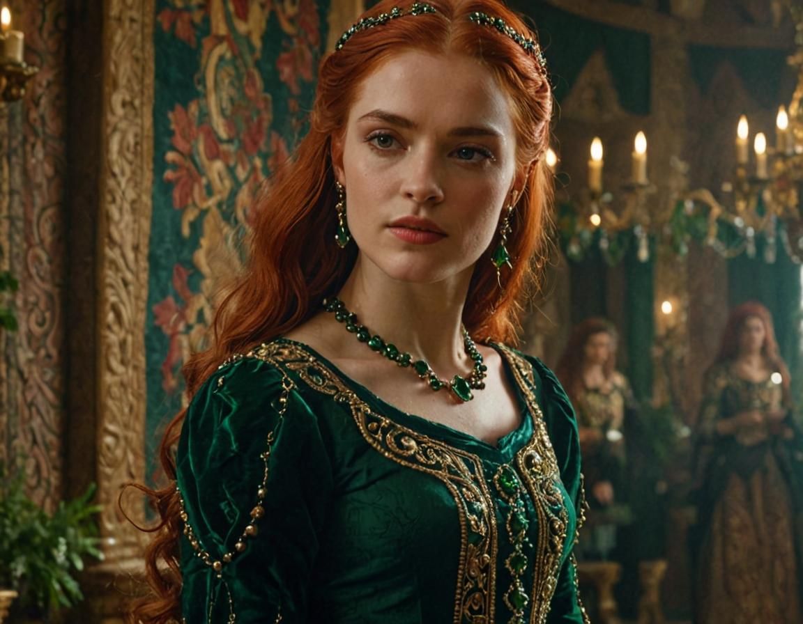Medieval Queen in Emerald Dress: Photorealistic Close-Up