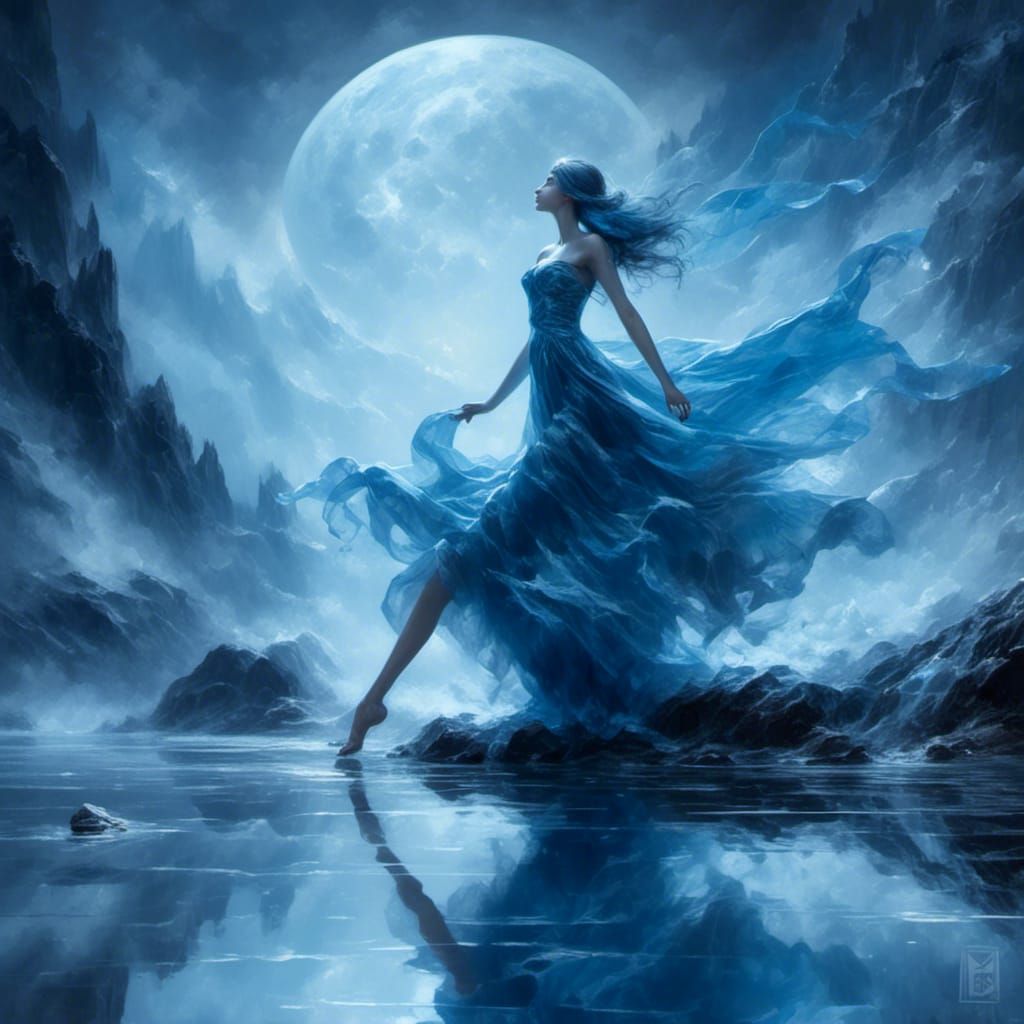 Luminous Blue Fairy on Rocky Shores under Blue Moon